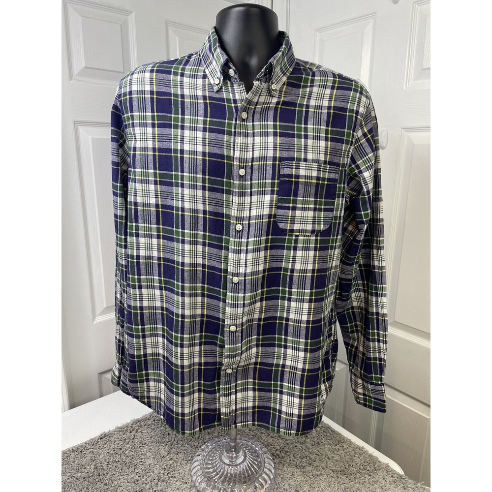 J. Crew Indian Madras Men Slim Fit Plaid Button Down Blue‎ Green L/S Shirt XL.